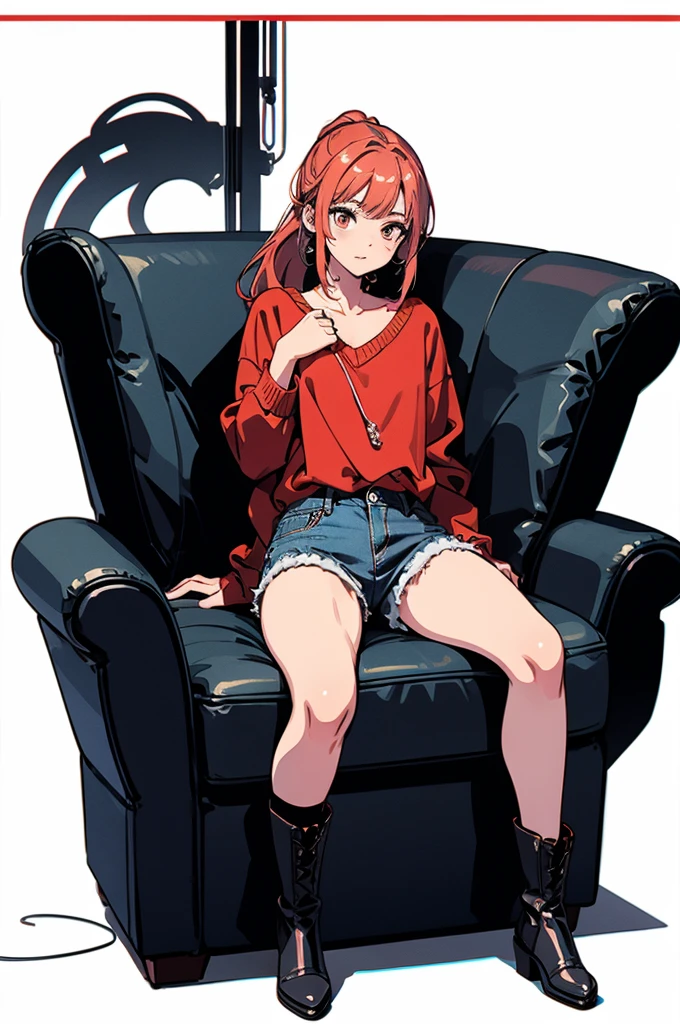 ((Full Body Shot)), ((No background)), ((White Background)), Line art, figure, masterpiece, Super detailed, High resolution, high quality, industrial use, engineer,One girl, alone, {{{Red and gold eyes}}}, In-person audience, Mouth closed, Very long red hair tied in a ponytail, Sitting, Wearing a red shirt, Short black denim shorts, red and black boots, Tender chest.