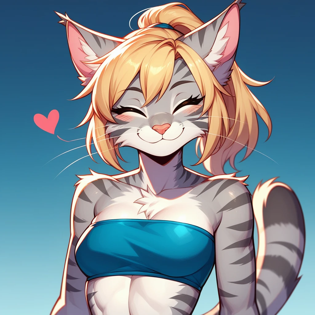 score_9,score_8_up,score_7_up, Kat, Anthro furry feline, silver fur, grey stripes on body, blonde, ponytail, pink nose, :3, wearing blue bandeau, she is winking, making a heart with her hands,