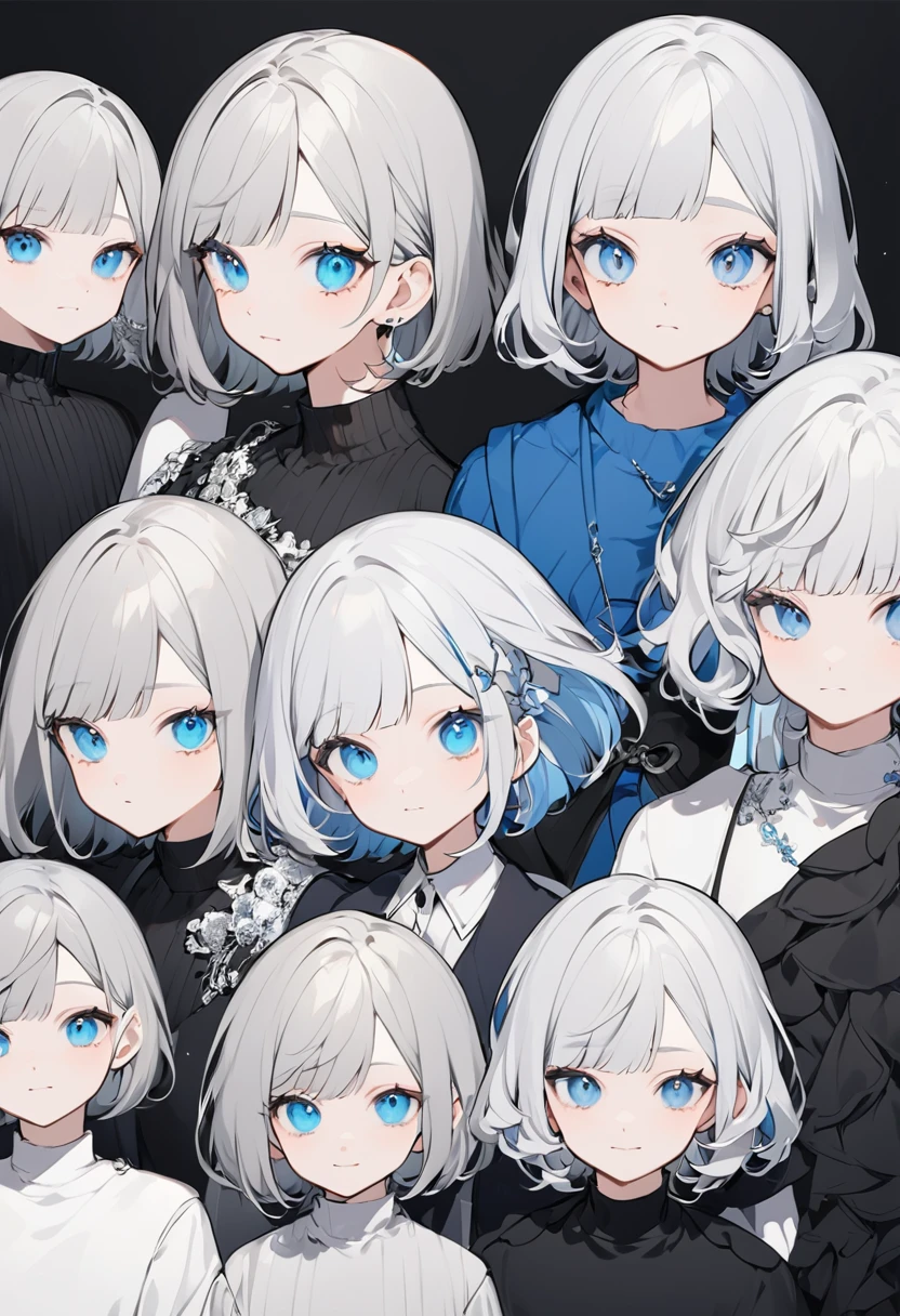 The person in the image appears to be a VTuber, an online content creator who uses virtual avatars. Characteristics including clothing are as follows: Hair: The VTuber has short silver hair with bangs. Her hair is in a short bob with black ribbons on each side. Eyes: Large blue eyes with a kind, slightly closed expression. Clothing: Black short-sleeved sweater. Background: The background is pure white: This VTuber is cute and elegant with a short bob hairstyle.