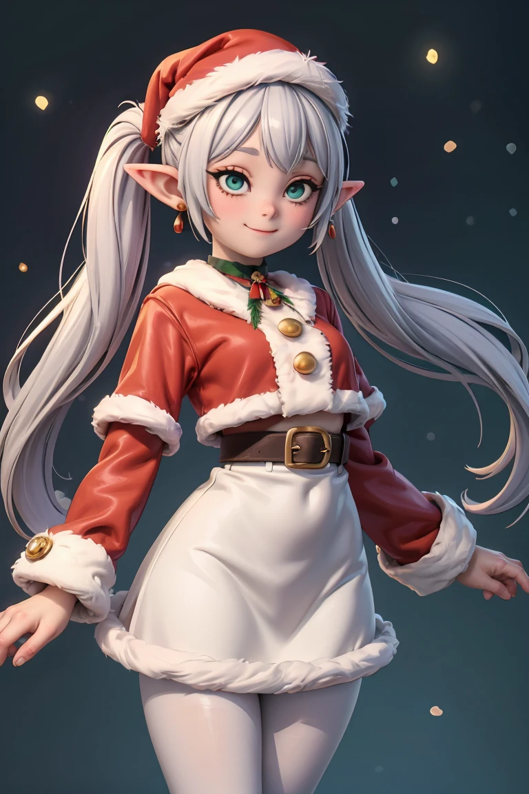 (CRU photo, best qualityer), , work of art, extremely delicate and beautiful, extremely detaild, CG, unity , 2k wallpaper, incredible, standing alone, 1 girl, detalhes fiphis, drlight smile, ultra detali, high resolution, absurderes, smooth light,beautiful detailed girl, detailed fingers, beautiful detailed nose, luz phi rosto, wz_fast_phi_freeze_styled, twintails, pretty long hair, silver hair, pointy ears, Leprechaun, White caplet, greeneyes, black pantyhose, aretes, white skirt, waist belt, white sleeves, (((christmas))), Christmas hat, Fundo de christmas,