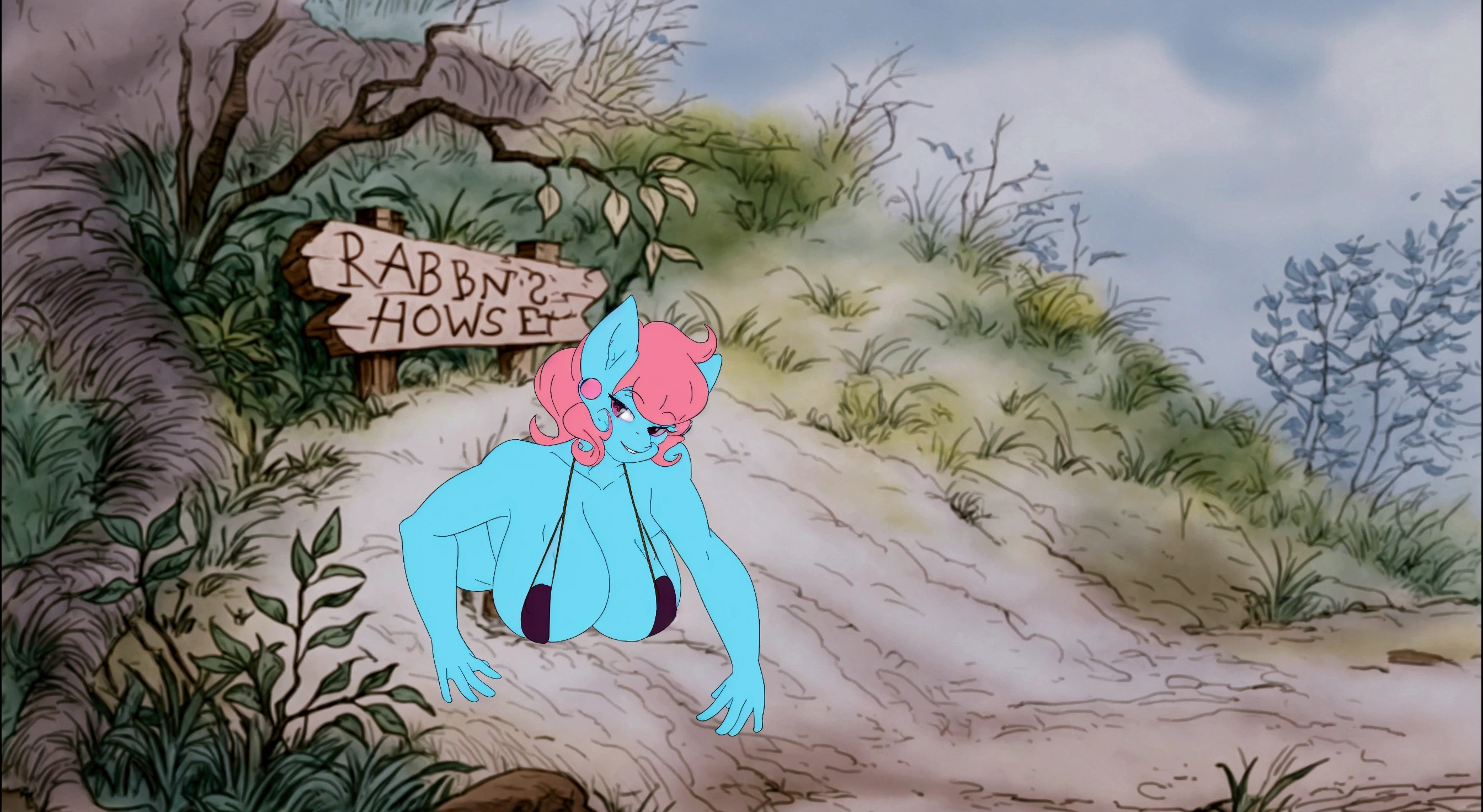 cartoon of a blue and pink creature hanging from a sign, don bluth animation, don bluth!!!, don bluth!!, production animation cel, disney 2d animation still, disney 2d traditional animation, inspired by Don Bluth, shaded animation cel, in style of disney animation, don!!! bluth!!!, inspired by John Altoon