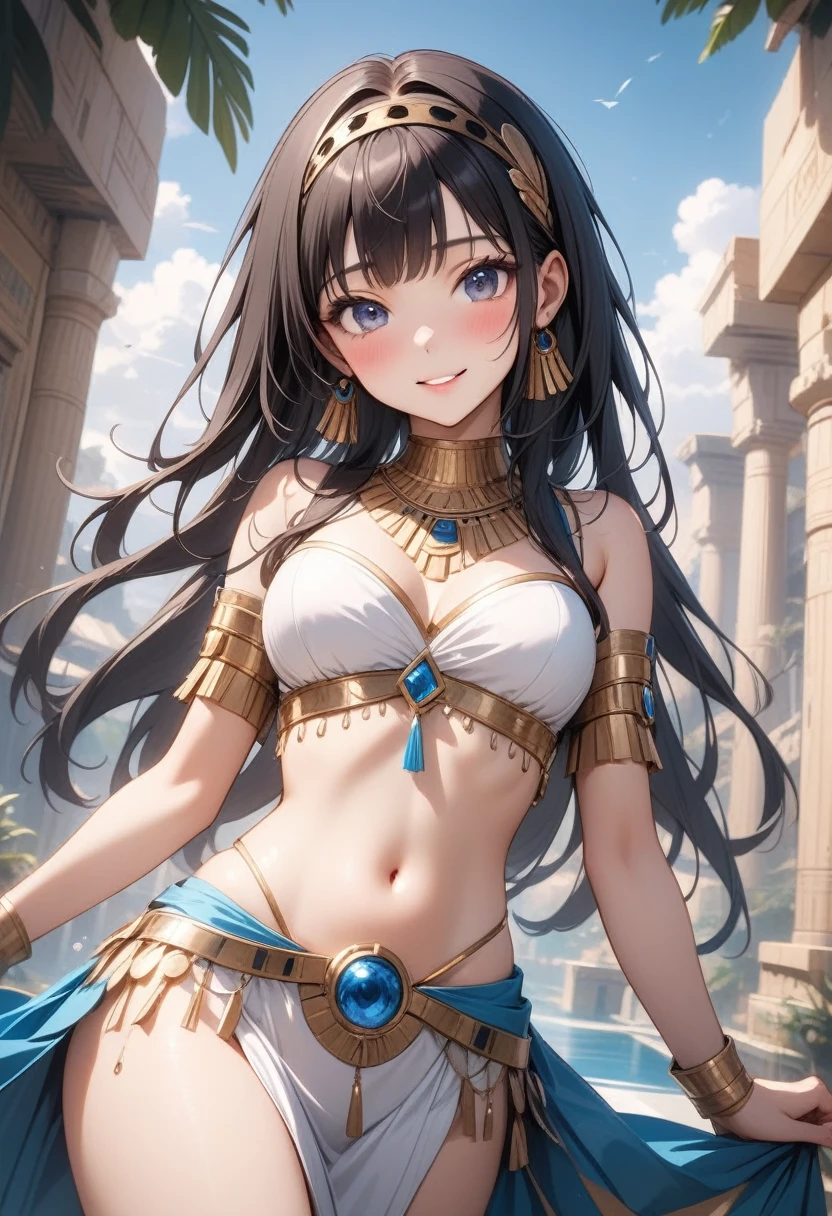 ((Belly Dance Costumes)), ((Gloss Outfit)), skinny, solo, 1 woman, Masterpiece, highest quality, highest quality, 16K, incredibly absurd, highly detailed, 2.5D, ai-generated, delicate and dynamic, very delicate facial expressions, delicate eye depiction, erotic, only sexy woman, ((A cute and kind face)), healthy figure, ((25-year-old woman)), 160cm tall, medium firm swaying bust, blush, Sweat,Embarrassed,sexy, ((thin thighs)), ((shiny and lustrous)), facing straight at viewer, smile,cleopatra, ancient Greeks, (portrait), (beautiful detailed background), detailed landscape, dutch angle, sexy, Shiny costumes, sexy pose, skindentation, Ancient Egyptian atmosphere, (visible nipples:0.8),