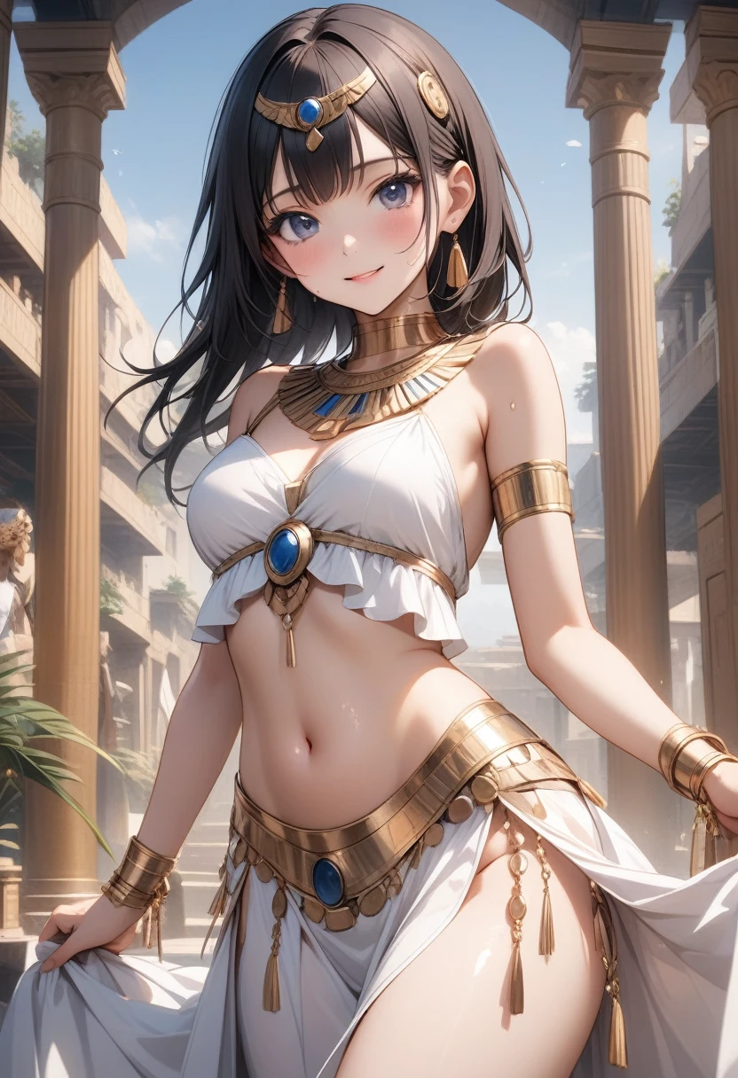 ((Belly Dance Costumes)), ((Gloss Outfit)), skinny, solo, 1 woman, Masterpiece, highest quality, highest quality, 16K, incredibly absurd, highly detailed, 2.5D, ai-generated, delicate and dynamic, very delicate facial expressions, delicate eye depiction, erotic, only sexy woman, ((A cute and kind face)), healthy figure, ((25-year-old woman)), 160cm tall, medium firm swaying bust, blush, Sweat,Embarrassed,sexy, ((thin thighs)), ((shiny and lustrous)), facing straight at viewer, smile,cleopatra, ancient Greeks, (portrait), (beautiful detailed background), detailed landscape, dutch angle, sexy, Shiny costumes, sexy pose, skindentation, Ancient Egyptian atmosphere, (visible nipples:0.8),