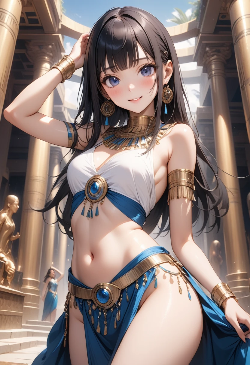 ((Belly Dance Costumes)), ((Gloss Outfit)), skinny, solo, 1 woman, Masterpiece, highest quality, highest quality, 16K, incredibly absurd, highly detailed, 2.5D, ai-generated, delicate and dynamic, very delicate facial expressions, delicate eye depiction, erotic, only sexy woman, ((A cute and kind face)), healthy figure, ((25-year-old woman)), 160cm tall, medium firm swaying bust, blush, Sweat,Embarrassed,sexy, ((thin thighs)), ((shiny and lustrous)), facing straight at viewer, smile,cleopatra, ancient Greeks, (portrait), (beautiful detailed background), detailed landscape, dutch angle, sexy, Shiny costumes, sexy pose, skindentation, Ancient Egyptian atmosphere, (visible nipples:0.8),