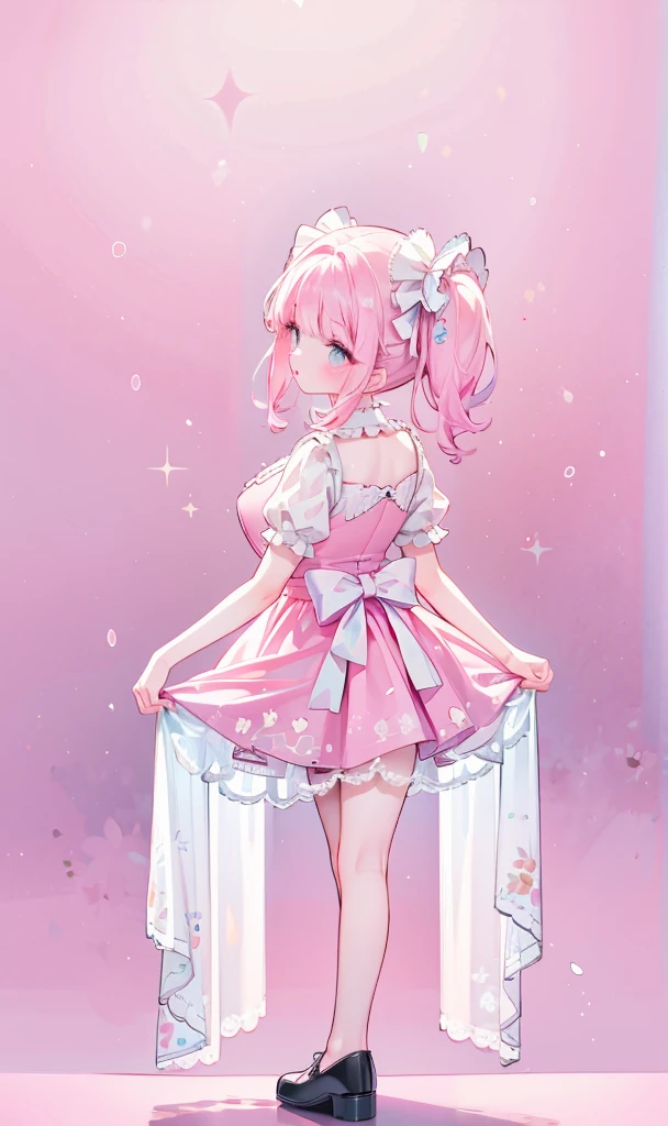 (masterpiece:1.2), best quality, highres, original, (extremely detailed:1.2), ultra-detailed, wallpaper, perfect lighting,(extremely detailed CG:1.2), 8k, 1girl, solo, kawaii, (twintails, pink hair:1.1), (Lolita Fashion, pink dress, short-sleeves, bowknot on waistline, lace hemline, knee-length dress, delicate dress:1.2), (anatomically correct:1.3), standing, close-up, from behind, view of back, (dreamlike background, pink background, girly background:1.2)