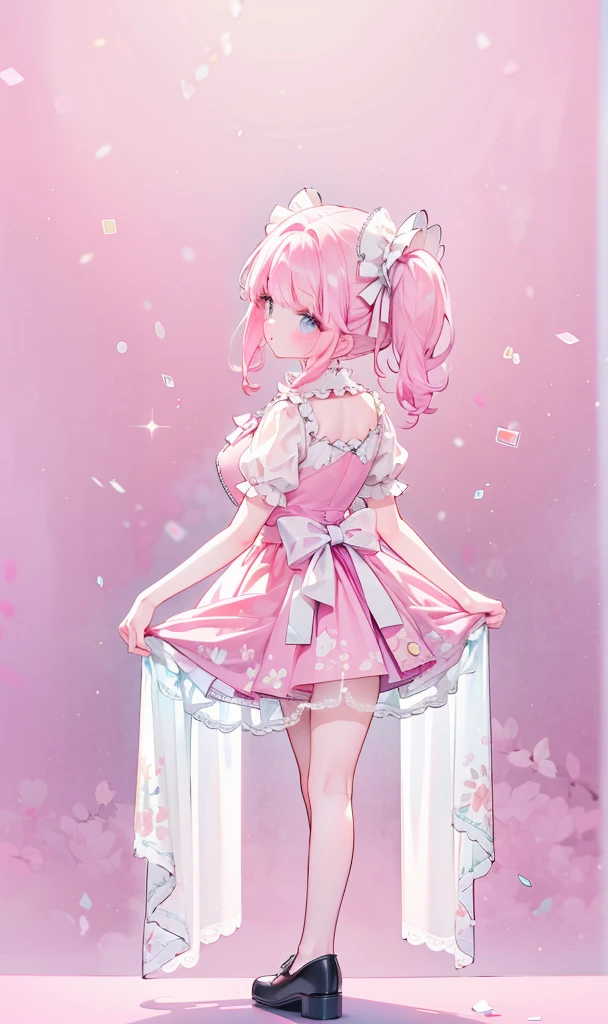 (masterpiece:1.2), best quality, highres, original, (extremely detailed:1.2), ultra-detailed, wallpaper, perfect lighting,(extremely detailed CG:1.2), 8k, 1girl, solo, kawaii, (twintails, pink hair:1.1), (ta Fashion, pink dress, short-sleeves, bowknot on waistline, lace hemline, knee-length dress, delicate dress:1.2), (anatomically correct:1.3), standing, close-up, from behind, view of back, (dreamlike background, pink background, girly background:1.2)