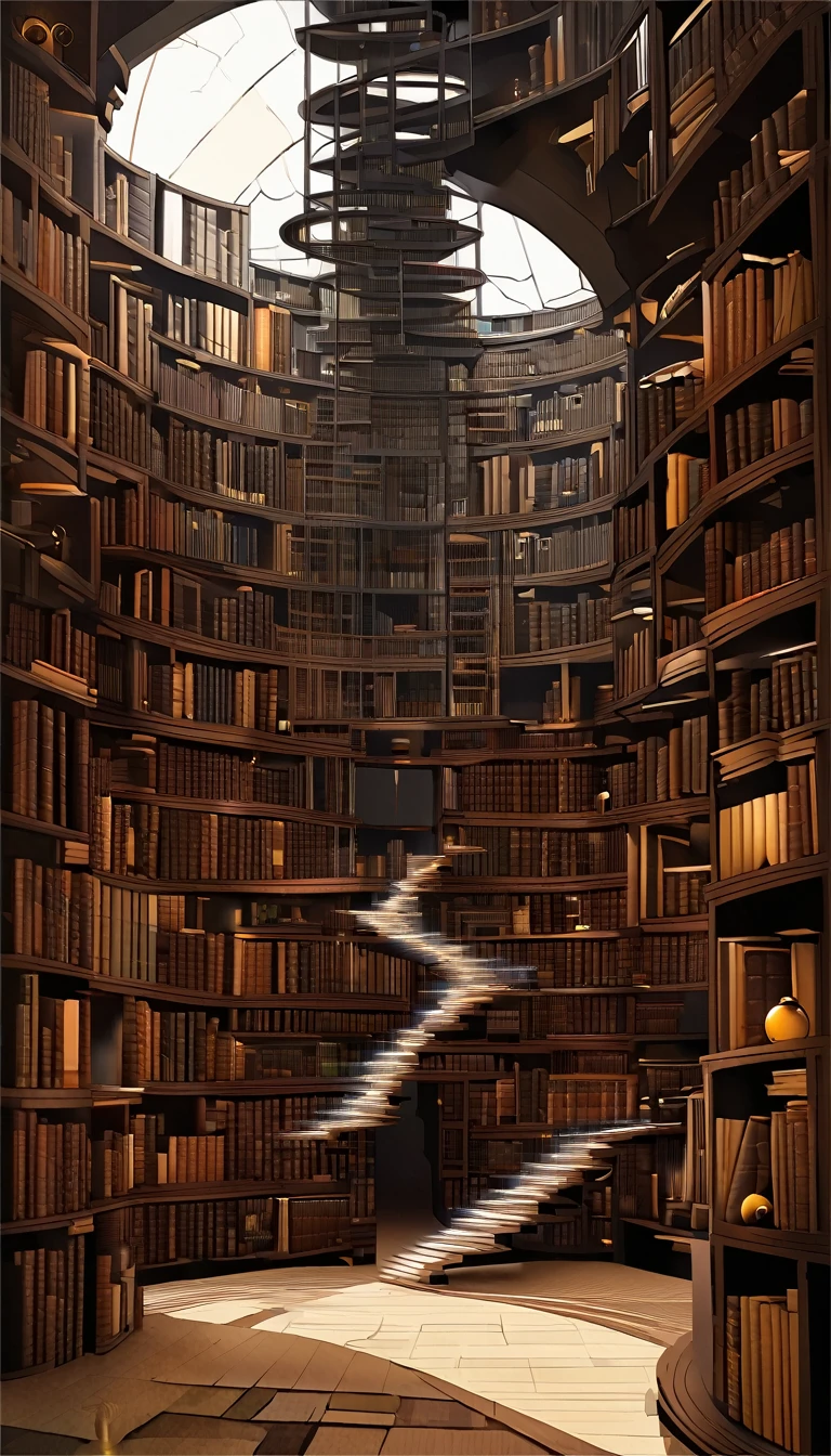 **Architecture**: The library exists in another dimension, characterized by its immense, infinite vertical structure filled with knowledge and information critical to the game world.
**Structure and Layout**:
- **Vertical Infinity**: The library extends infinitely vertically, with countless decagonal layers stacked on top of each other. Each layer represents a floor, creating a seemingly endless tower of knowledge.
- **Decagonal Shape**: Each floor is a decagon, with walls seamlessly merging into bookshelves. The decagonal shape maximizes the use of space and creates a unique, otherworldly atmosphere.
- **Central Staircase**: In the center of each floor is a spiral staircase that extends upwards infinitely, allowing access to all levels of the library. The staircase is made of the same dark, almost black marble as the rest of the library, with veins of red and white running through it.
**Bookshelves and Materials**:
- **Integration with Walls**: The bookshelves are integrated into the walls, appearing as part of the dark marble structure. The shelves are essentially holes in the wall designed to hold books, creating a seamless and efficient use of space.
- **Materials**: The walls, shelves, and floor are made of a dark, almost black marble with red and white veins. These veins create a web-like pattern that enhances the eerie and majestic look of the library.
**Lighting**:
- **Soft, Ethereal Lights**: Soft, ethereal lights hover above the shelves, casting a gentle glow that makes reading easy. The lights have an otherworldly quality, adding to the library’s mystical atmosphere.
- **Unknown Source**: The lights are powered by an unknown source, contributing to the library's enigmatic nature.
**Atmosphere**:
- **Scent**: The air is filled with the scent of old books and parchment, mixed with a faint hint of ozone from the digital tablets. This combination creates a unique, nostalgic, and arcane ambiance.
- **Silence**: The silence in the library is profound, broke