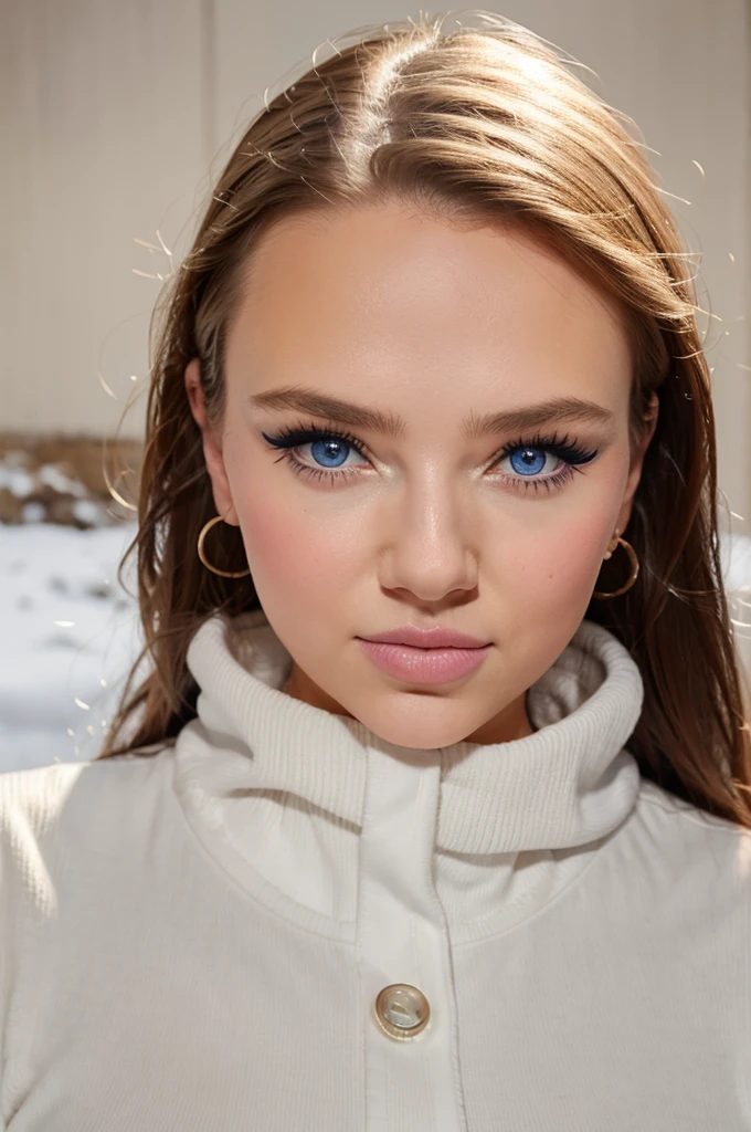 woman arafed completely, with blue eyes, ultra realistic, meticulously detailed, Portrait Sophie Mudd, blonde hair and big eyes, selfie of a young woman, bedroom eyes, Violet Myers, with makeup, Natural makeup, a face with artgram, subtle makeup, stunning whole body shot, Medium to large bust, small , theres a woman standing on a snowy road in the snow, In the mountains, tight suit, in the snow, Cold but beautiful, Cold, standing in the snow, winter vibes, Thick, In the mountains, snow on the body, wearing white socks, whole body:: snow outside::, of colors, shot from behind