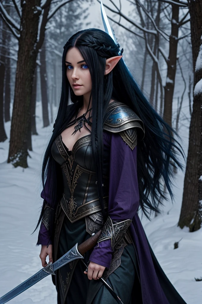 I want a short elven woman, with long black hair hair with blue tips on the ends. She wears black with a sword. Her eyes are violet. Walking in from the shadows in snow.