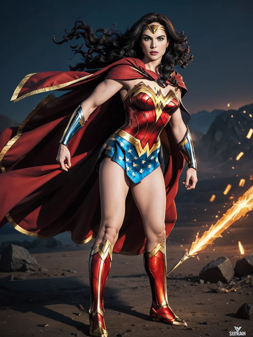 ((Full body photo,standing, feet on the ground)) Wonder Woman A red-haired warrior man with yellow eyes wearing black and gold Superman armor