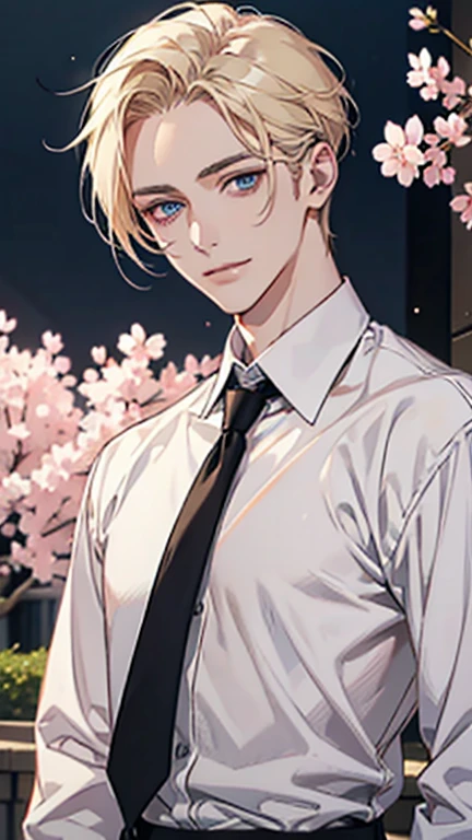 Masterpiece, high quality, Single male, very beautiful face, masculine, broad shoulders, broad chest, portrait, pale skin, light blue eyes, bright eyes, show forehead, very long light blond hair, yellow eyebrows, the face is relaxed, smiling, kind, black color, white collar shirt, white long sleeves, black slacks, black pants, no accessories, daytime, pink light, sakura in the background, Rich in color, close-up shot, bust photo, NO hands. Look at viewer.