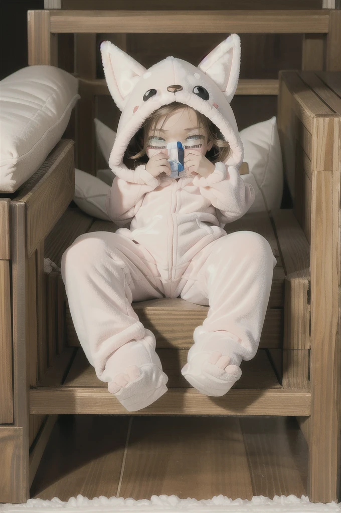 An anime image of a small boy sleeping in a large nursery room, (wearing fox hoodie-footie pjs), (((wearing a diaper))), (sleeping soundly), (padding), pacifier, peaceful expression, soft lighting, solo, ((1boy)), warm colors, highly detailed, extremely detailed, masterpiece, anime style, beautiful detailed eyes, soft bedding, plush fox hoodie, adorable, comfort, cozy, restful, hood up,