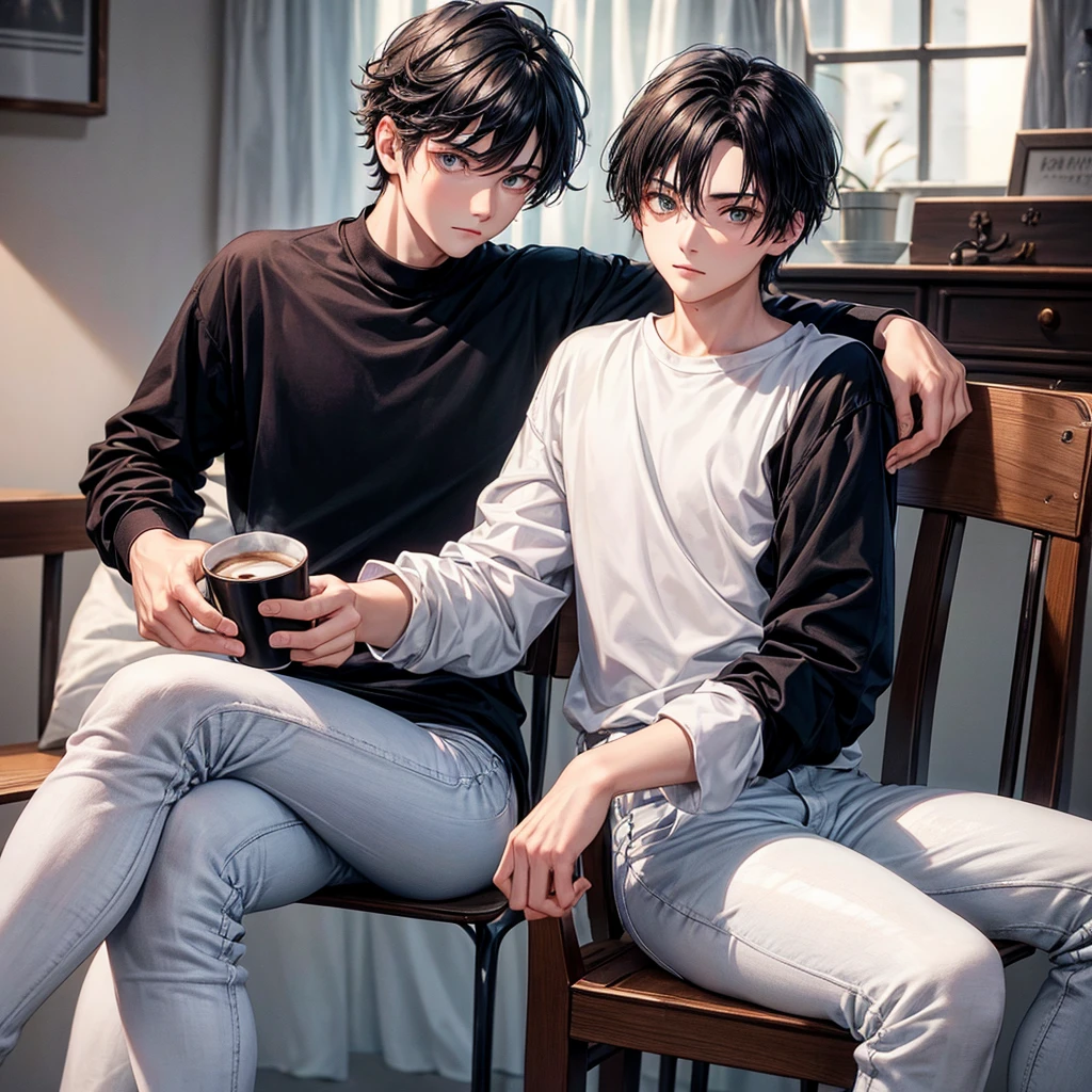 Guy 20 years old, he has smooth skin, snow white hairstyle "curtains", he is wearing a black long sleeve, white jeans and black sneakers. he is sitting on a chair in the room, a cup of coffee in his hand, he looks at the camera with an indifferent expression.
