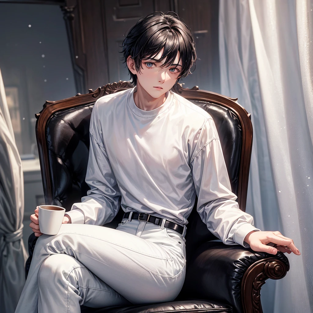 Guy 20 years old, he has smooth skin, snow white hairstyle "curtains", he is wearing a black long sleeve, white jeans and black sneakers. he is sitting on a chair in the room, a cup of coffee in his hand, he looks at the camera with an indifferent expression.