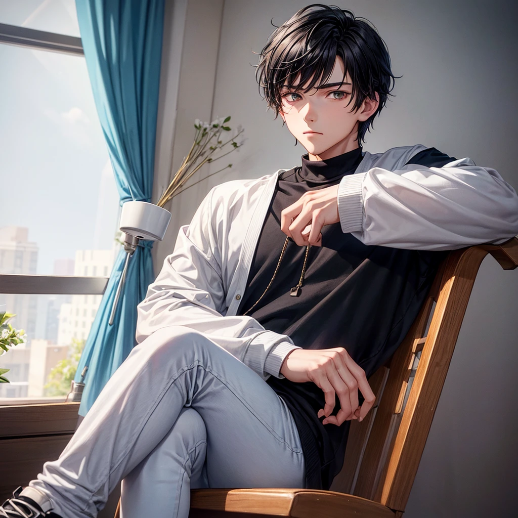 Guy 20 years old, he has smooth skin, snow white hairstyle "curtains", he is wearing a black long sleeve, white jeans and black sneakers. he is sitting on a chair in the room, a cup of coffee in his hand, he looks at the camera with an indifferent expression.