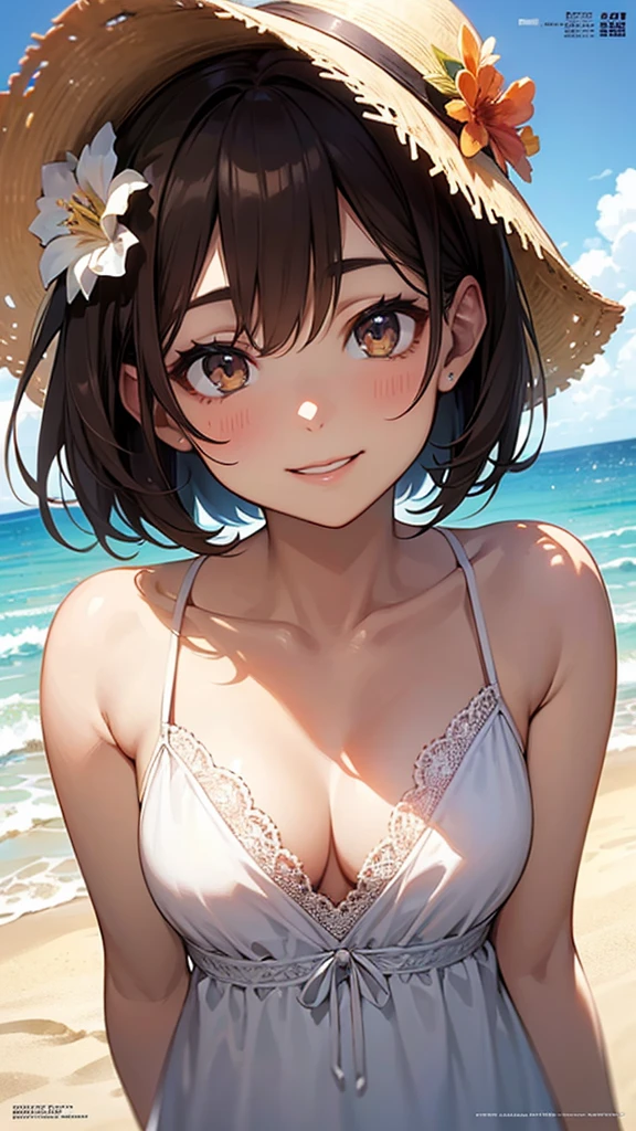 (Best quality, dynamic lighting, highly detailed, HDR) Brown haired young woman, mature, beautiful, bob hair, brown eyes, slim, medium-small breasts, white floral summer dress, summer hat, bare shoulder, cleavage, sleeveless, smiling, head shot, beach background, gravure magazine cover.