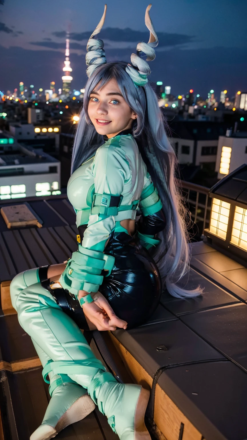 Masterpiece, Best quality, (photorealistic1.4), (UHD), (big breast), (show abs), (flashphoto), (flash photography), (cleavage), (European model), (young woman), (JenniferConnelly90), (epiCRealLife:1.0), (night time), (Nejire latex bodysuit), 1girl, solo, long hair, blue eyes, (blue hair), (hair bangs), (drill hair, twin drills), (Nejire Hairstyle), hair horns, very long hair , light blue hair, (Nejire Yellow gloves), (look at viewers), (Nejire light smile), (lying on rooftop), (tokyo cityscape), (sitting on roof), (from behind) ( (Tokyo rooftop),