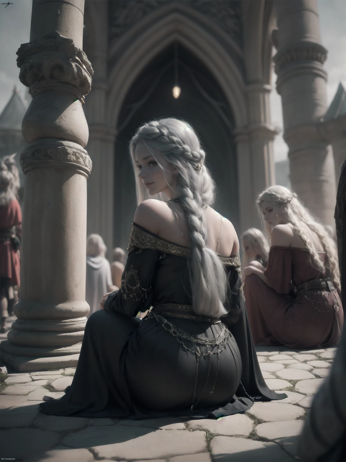 {-erro_de_anatomia:1.0} woman 30 years old, north,viking clothes, (nordic dress), dark castle, a woman (lagherta), very long blond hair (blond hair), (gray eyes) . Indifferent look , merciless. among the gods, dinamic poses, egoist smile, upper body, sitting on the ground, backwards, looking back