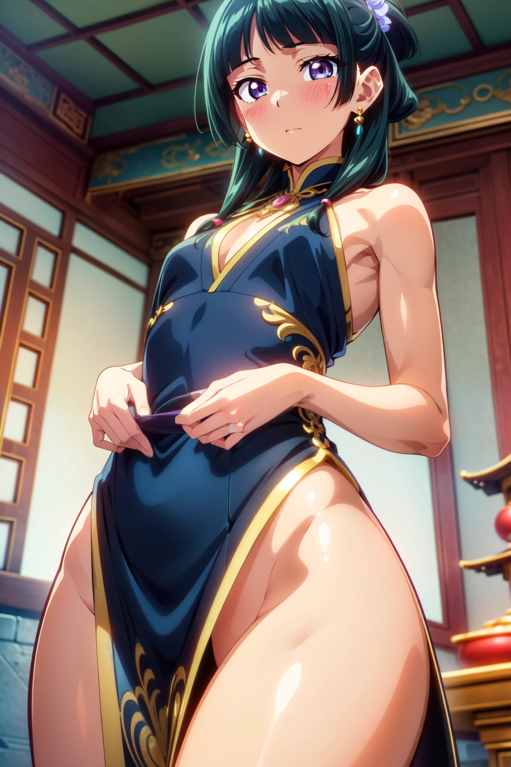 (Masterpiece, High Quality, Top quality, High-Detailed, Detailed CG, Cinematic Shadow, Cinematic Scene, Beautiful Detailed Eyes, Ultra Resolution, Depth of Field, 8k, High resolution, masterpiece: 1.2), Very detailed, Anime art style, Dynamic Angle, Style, (China dress, Exposed shoulders, Earrings, indoor,), Detailed green hair, Detailed blue eyes, Complex hairstyles, Long Hair , the body is slim, Sparkling eyes, like々Shii, hair accessory, Earrings, Half Up, Slightly blunt bangs, Detailed lighting, Bright colors, Looking at the audience, Center the image, Cowboy Shot, (Blush Expression:1.2), (Small Expression:1.2), (SFW:1.2), (Dark Green Hair), Purple Eye, Five Fingers, Good Composition, Arms, Thighs, Small Breasts, Hips, Night Times, Midnight, Blur Background, Chinese Architectures