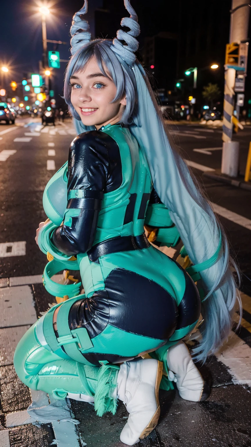 Masterpiece, Best quality, (photorealistic1.4), (UHD), (big breast), (flashphoto), (flash photography), (cleavage), (European model), (young woman), (JenniferConnelly90), (Tokyo Street), (epiCRealLife:1.0), (night time), (Nejire latex bodysuit), 1girl, solo, long hair, blue eyes, (blue hair), (hair bangs), (drill hair, twin drills), (Nejire Hairstyle), hair horns, very long hair , light blue hair, (Nejire Yellow gloves), (look at viewers), (Nejire light smile), (kneeling poses) (from behind)