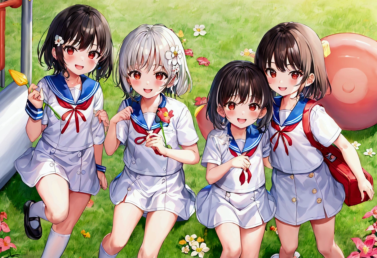 Candid. 2 years old children wearing white sailor Pre-School uniform, happy face, gossiping with his 3 friends, holding flower, wearing shoes. In kindergarten playground.