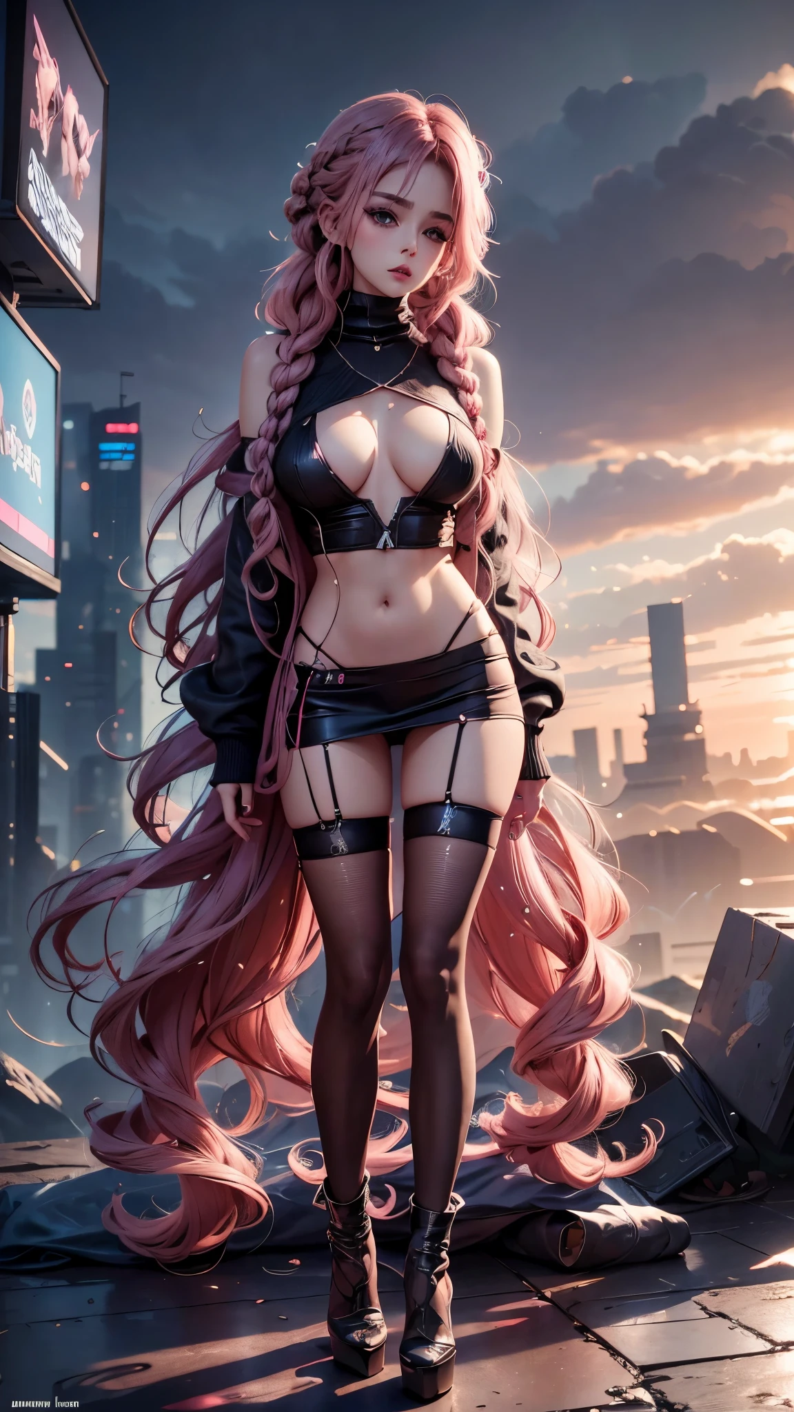 1girl,detailed skin,braided pink hair,small breasts,black thighhighs,oversized sweater,high heels,(sassy pose:0.8),cyberpunk,volumetric fog,