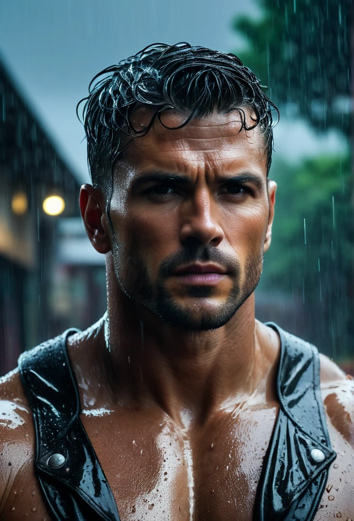 realisitic:1.3,( fotorrealisitic, 8k, RAW Photos, premium quality, Masterpiece artwork, Epic lighting. up close, Centered image), (foreground),((1 man handsome, well-formed and self-confident muscles, Post-apocalyptic, warrior, Rostro y cuerpo perfectamente detallados, (foreground), rainy scene, poor lighting due to rain,(( face and body wet from the rain:1.5)),atmospheric lighting, dynamic pose, beautiful and detailed hair, leather clothing)),  ((Imaginative scene)),((perfect, meticulously detailed.:1.3)), ((Accurate shot: 1.4)), ((best qualityer )), ((work of art)), 3d, (hyper detailled: 1.3), ((Epic setting: 1.3)), ((natta background: 1.3 ))), (((natta:1.2))), ( Fotorrealisitic: 1.4), ((frontal camera)),( (Low-light natta cinematic lighting: 1.2)). 32