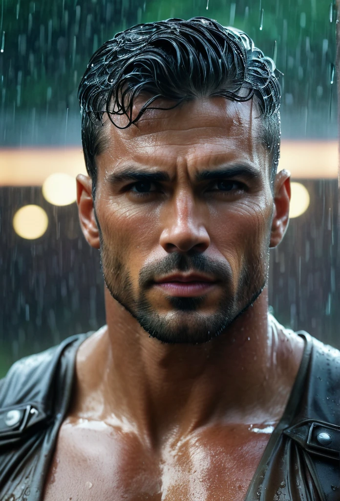 realisitic:1.3,( fotorrealisitic, 8k, RAW Photos, premium quality, Masterpiece artwork, Epic lighting. up close, Centered image), (foreground),((1 man handsome, well-formed and self-confident muscles, Post-apocalyptic, warrior, Rostro y cuerpo perfectamente detallados, (foreground), rainy scene, poor lighting due to rain,(( face and body wet from the rain:1.5)),atmospheric lighting, dynamic pose, beautiful and detailed hair, leather clothing)),  ((Imaginative scene)),((perfect, meticulously detailed.:1.3)), ((Accurate shot: 1.4)), ((best qualityer )), ((work of art)), 3d, (hyper detailled: 1.3), ((Epic setting: 1.3)), ((natta background: 1.3 ))), (((natta:1.2))), ( Fotorrealisitic: 1.4), ((frontal camera)),( (Low-light natta cinematic lighting: 1.2)). 32