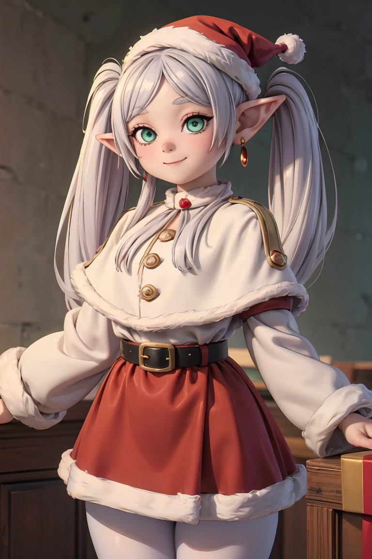 (CRU photo, best qualityer), , work of art, extremely delicate and beautiful, extremely detaild, CG, unity , 2k wallpaper, incredible, standing alone, 1 girl, detalhes fiphis, drlight smile, ultra detali, high resolution, absurderes, smooth light,beautiful detailed girl, detailed fingers, beautiful detailed nose, luz phi rosto, wz_fast_phi_freeze_styled, twintails, pretty long hair, silver hair, pointy ears, Leprechaun, White caplet, greeneyes, black pantyhose, aretes, white skirt, waist belt, white sleeves, (((christmas))),  Christmas hat, Fundo de christmas,