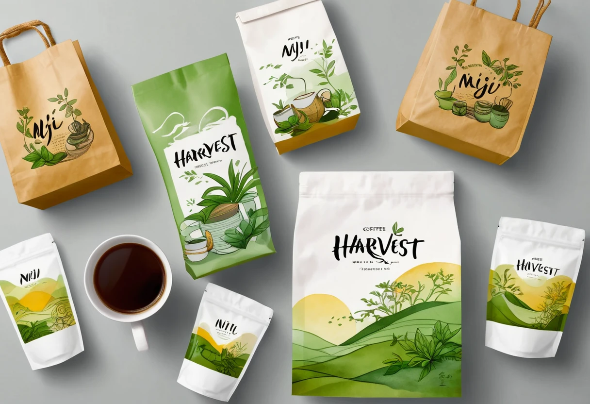 A set of tea sets for casual relaxation with illustrations,calligraphic fonts with green tones,coffee bags,paper bags,prints and accessories,with the theme of the harvest world,clean light gray background,(niji:2),hand-drawn,illustration style