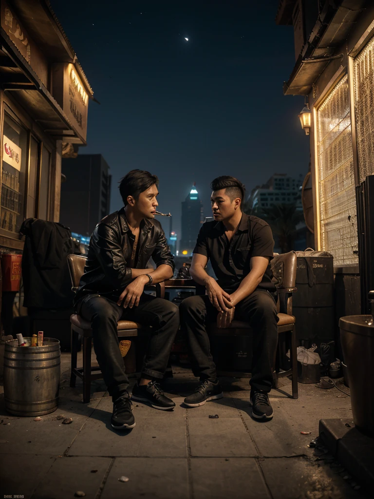 a cinematic photorealistic image of 2 chinese men sitting down on a chair smoking cigarettes, in dubai  ,at night, clear skies, 4k, 8k,  16k, Volumetric Lighting, ,dubai skyline, close shot, very detailed picture, dirty small alley, guns next to them, a motorcycle in the picture, barrels in the picture, money in the picture