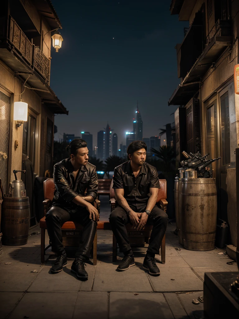 a cinematic photorealistic image of 2 chinese men sitting down on a chair smoking cigarettes, in dubai  ,at night, clear skies, 4k, 8k,  16k, Volumetric Lighting, ,dubai skyline, close shot, very detailed picture, dirty small alley, guns next to them, a motorcycle in the picture, barrels in the picture, money in the picture
