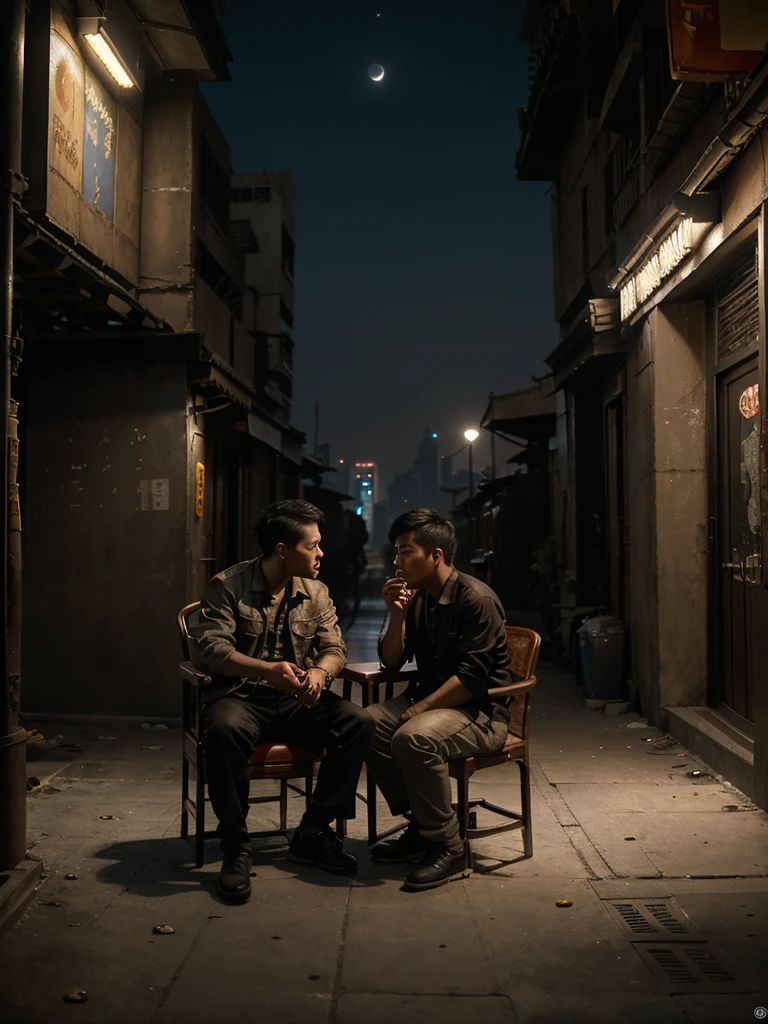 a cinematic photorealistic image of 2 chinese men sitting down on a chair smoking cigarettes, in dubai ,at night, clear skies, 4k, 8k, 16k, Volumetric Lighting, ,dubai skyline, close shot, very detailed picture, dirty small alley, guns next to them, a motorcycle in the picture, barrels in the picture, money in the picture