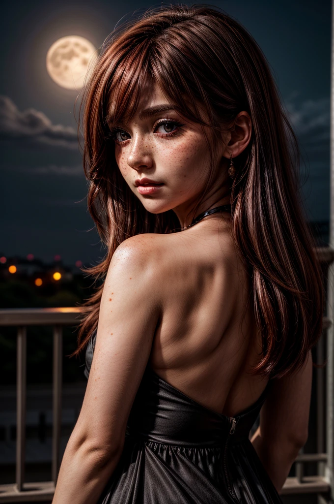 1woman, moon background, black dress, brown eyes, black eyeliner, white skin, intense blush, freckles, intense red hair, looking at viewer from side