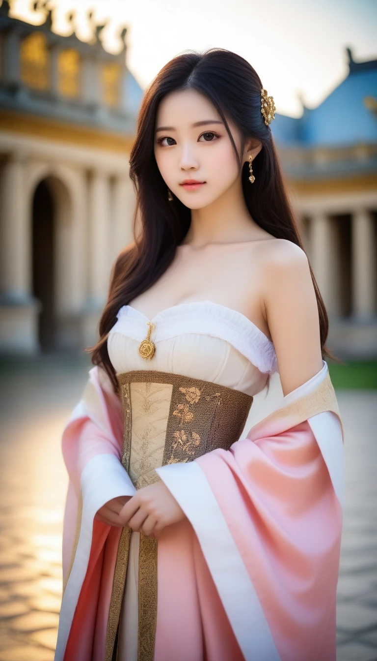 8k, Ultra-high resolution, Highest quality, masterpiece, 三分割法によるphotograph,Surreal, photograph, 1 Girl, (16 years old:1.3), pretty girl, Cute Face, Beautiful eyes in every detail, 細かくdetailedに,masterpiece,One Girl:1.2, Japan Female Announcer,upper body,disgust,Long black hair,Pulled back hair,(Dressed in medieval European clothing:1.3),(印象派の美しい少女のPortraiture), (Standing in the square of the Palace of Versailles:1.3), (After the Rain), (Sunset reflection), (Impressionist light and colour),Realistic Skin, Perfect and beautiful face ,完璧でCute Face, Skin with attention to detail, Perfect limbs、Narrow waist,Looking at the audience、beauty,Long neck,clavicle,(((Ideal body type))),A cup small breasts :2,Portraiture:2,Perfect Anatomy,鮮明なdetailed,detailed,Surreal,Light and shadow,darkness