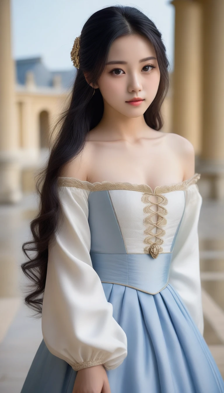 8k, Ultra-high resolution, Highest quality, masterpiece, 三分割法によるphotograph,Surreal, photograph, 1 Girl, (16 years old:1.3), pretty girl, Cute Face, Beautiful eyes in every detail, 細かくdetailedに,masterpiece,One Girl:1.2, Japan Female Announcer,upper body,disgust,Long black hair,Pulled back hair,(Dressed in medieval European clothing:1.3),(印象派の美しい少女のPortraiture), (Standing in the square of the Palace of Versailles:1.3), (After the Rain), (Sunset reflection), (Impressionist light and colour),Realistic Skin, Perfect and beautiful face ,完璧でCute Face, Skin with attention to detail, Perfect limbs、Narrow waist,Looking at the audience、beauty,Long neck,clavicle,(((Ideal body type))),A cup small breasts :2,Portraiture:2,Perfect Anatomy,鮮明なdetailed,detailed,Surreal,Light and shadow,darkness