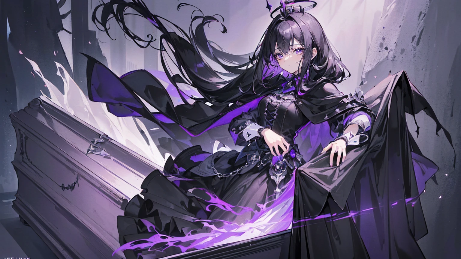 (Super detailed)),((illustration))，((masterpiece)),(((need))),((fine、Highest quality CG Unity 8K wallpapers，masterpiece），（（4K，masterpiece，best quality）），Black hair queen，Waist-length hair，Royal sister，Sexy，Tall figure，Lilac eyes，Standing upright in a coffin，mummy，The whole body is wrapped in bandages，Limbs wrapped in bandages，There is a coffin beside him，Mature，Hair Bunch，Hair tied on both sides，Black and purple French vintage clothing，Gorgeous pure black cape，Black veil，Purple-white halo，Black purple boots，Wearing a crown on the head，Holding a knight&#39;s sword，pyramid，Emitting dim purple light，Brilliant palace，Mysterious symbols,individual，Emit a dim light，Full body picture
