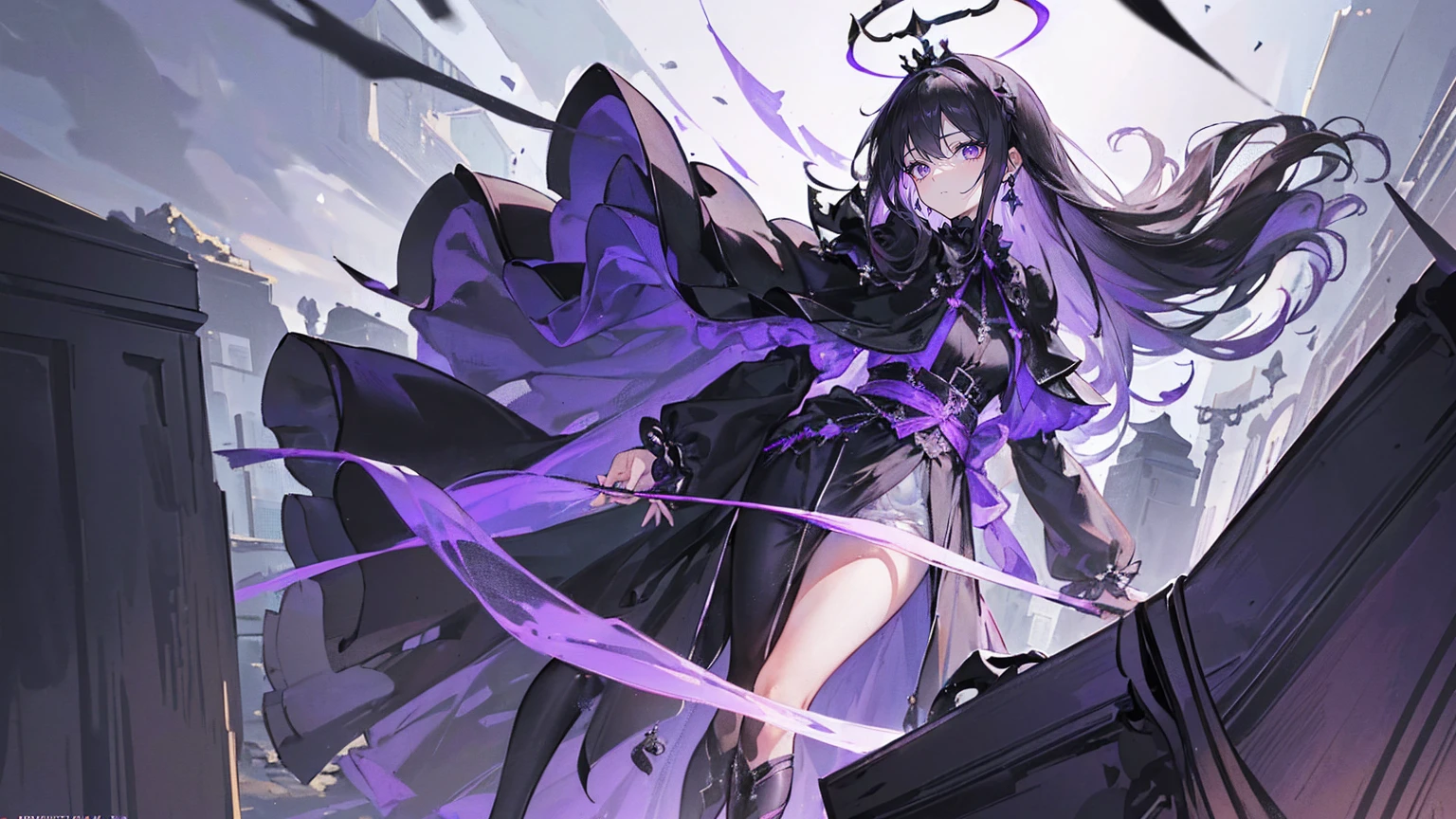 (Super detailed)),((illustration)),((masterpiece)),(((need))),((fine、Highest quality CG Unity 8K wallpapers,masterpiece),((4K,masterpiece,best quality)),Black hair queen,Waist-length hair,Royal sister,Sexy,Tall figure,Lilac eyes,Standing upright in a coffin,mummy,The whole body is wrapped in bandages,Limbs wrapped in bandages,There is a coffin beside him,Mature,Hair Bunch,Hair tied on both sides,Black and purple French vintage clothing,Gorgeous pure black cape,Black veil,Purple-white halo,Black purple boots,Wearing a crown on the head,Holding a knight's sword,pyramid,Emitting dim purple light,Brilliant palace,Mysterious symbols,individual,Emit a dim light,Full body picture