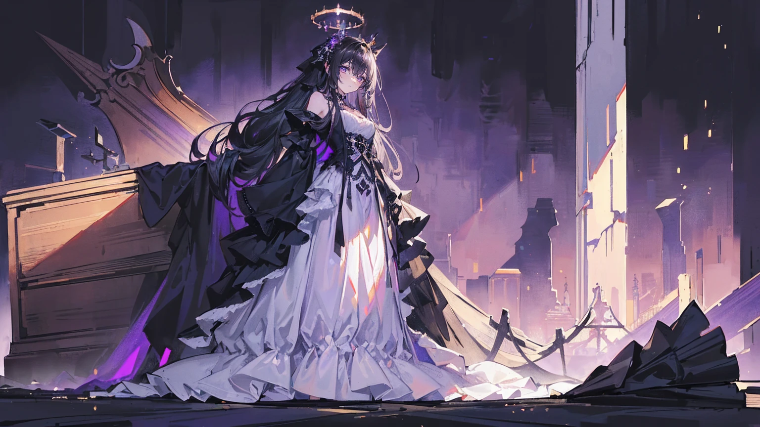 (Super detailed)),((illustration)),((masterpiece)),(((need))),((fine、Highest quality CG Unity 8K wallpapers,masterpiece),((4K,masterpiece,best quality)),Mummy Queen with Long Black Hair,Waist-length hair,Royal sister,Sexy,Long legs,Medium breasts,Tall figure,Lilac eyes,Standing next to a coffin,全身缠着bandage,bandage,Mature,Hair Bunch,Hair tied on both sides,Black and purple French vintage clothing,Gorgeous pure black cape,Dress tightly,Black veil,Purple-white halo,Black purple boots,Wearing a crown on the head,Holding a knight's sword,pyramid,Emitting dim purple light,Brilliant palace,Mysterious symbols,individual,Emit a dim light,Full body picture