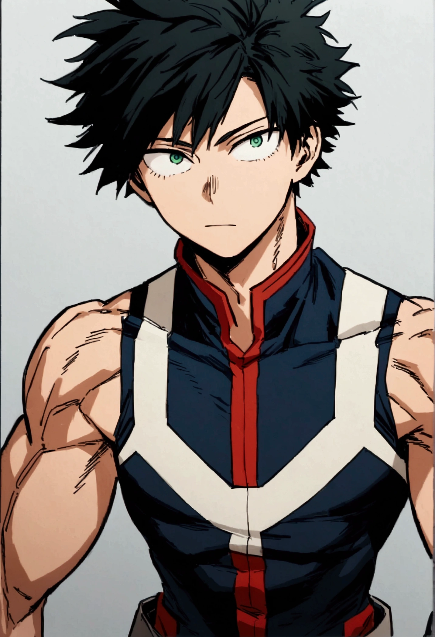 He is a 17 year old ager, He has slightly disheveled very black hair..., somewhat light green eyes, (front angle ), ID student card photo  , muscular body , He is dressed in the anime uniform "my hero academia"