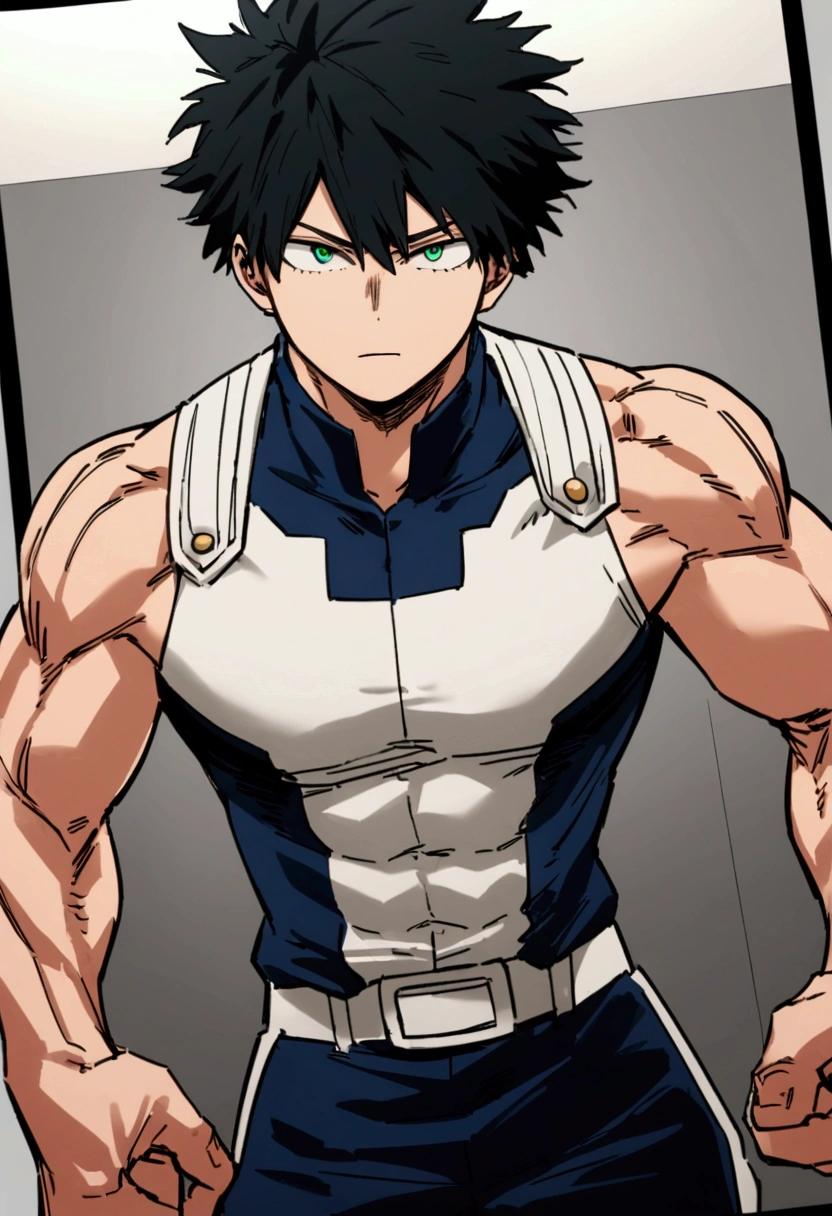 He is a 17 year old teenager, He has slightly disheveled very black hair..., somewhat light green eyes, (front angle ), ID student card photo , muscular body , He is dressed in the anime uniform "my hero academia"