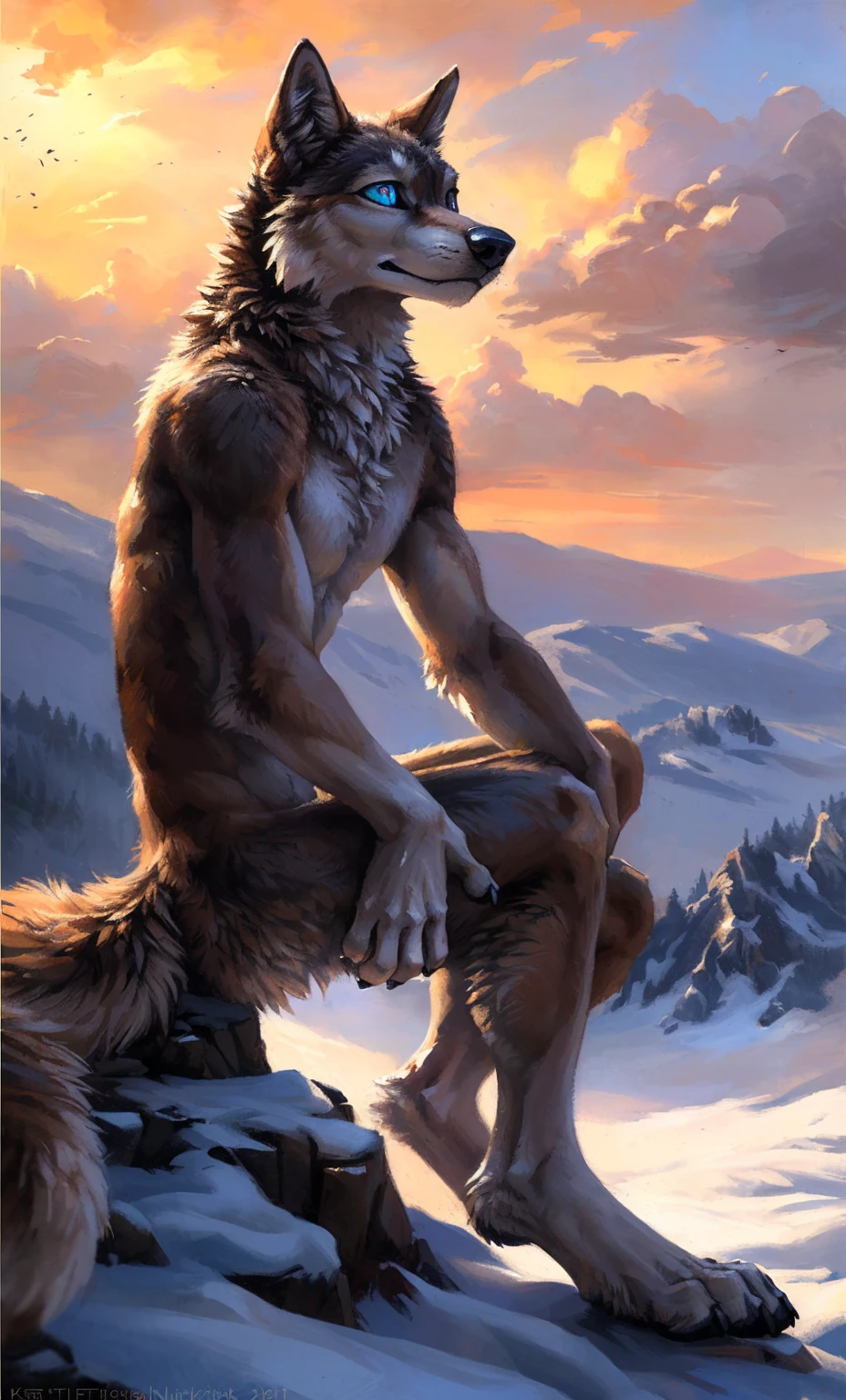 ((Solo)), male people, anthro wolf, (Multi-colored fur, White-brown:1.3，White tail pointed), (Height 2.1m,Tail length 1.2m), ((Wolf face, Big eyes, White eyelids, Blue pupil, Slim:1.2) (Tough, Calm expression:1.2)), Slim, pinging)), (Correct anatomy), naked (nude: 1.4), canine_sheath, canine_penis, canine_erection, A long big tail，Feet，(Realistic fur, Detailed fur texture, labeled:1.3)), (Natural lighting), Photorealistic, Hyperrealistic, ultradetailed, by Kenket，Snowfield，erect through，Running on