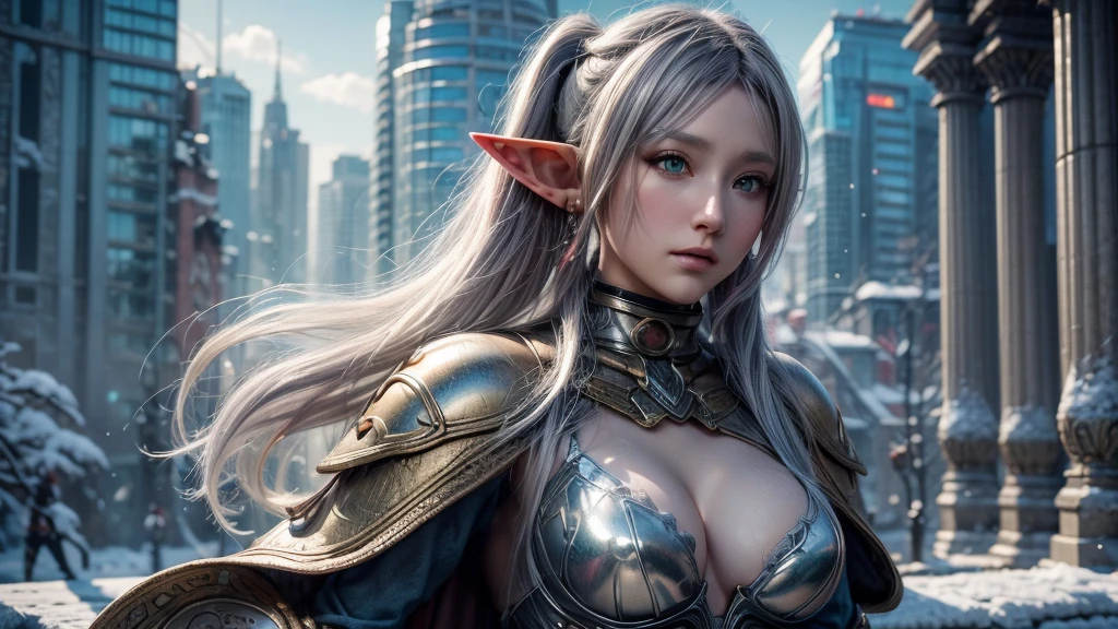 Female Elf,Close-up, Hollow future armor, 2. 5D CGI anime fantasy artwork, Large Breasts,Epic fantasy digital art style, detailed Digital 2D fantasy art, Digital 2D fantasy art, original photo, (best quality:1.3), high resolution, (masterpiece), (lifelike:1.4), Professional photography, Clear focus, High Dynamic Range, 8K resolution, Intricate details, Fine details, Depth of Field, Extremely detailed CG unified 8k wallpaper, masterpiece,poster,best quality,Official Art,(Beauty and aesthetics:1.2),(masterpiece:1.3),Female Elf,individual,complex pattern,snow,Cyberpunk style future city,Medium distance photography,(early morning),dramatic,