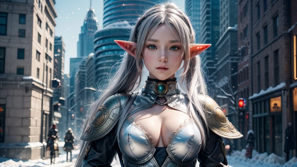 Female Elf，Close-up, Hollow future armor, 2. 5D CGI anime fantasy artwork, Large Breasts，Epic fantasy digital art style, detailed Digital 2D fantasy art, Digital 2D fantasy art, original photo, (best quality:1.3), high resolution, (masterpiece), (lifelike:1.4), Professional photography, Clear focus, High Dynamic Range, 8K resolution, Intricate details, Fine details, Depth of Field, Extremely detailed CG unified 8k wallpaper, masterpiece，poster，best quality，Official Art，（Beauty and aesthetics：1.2），（masterpiece：1.3），Female Elf，individual，complex pattern，snow，Cyberpunk style future city，Medium distance photography，（early morning），dramatic，