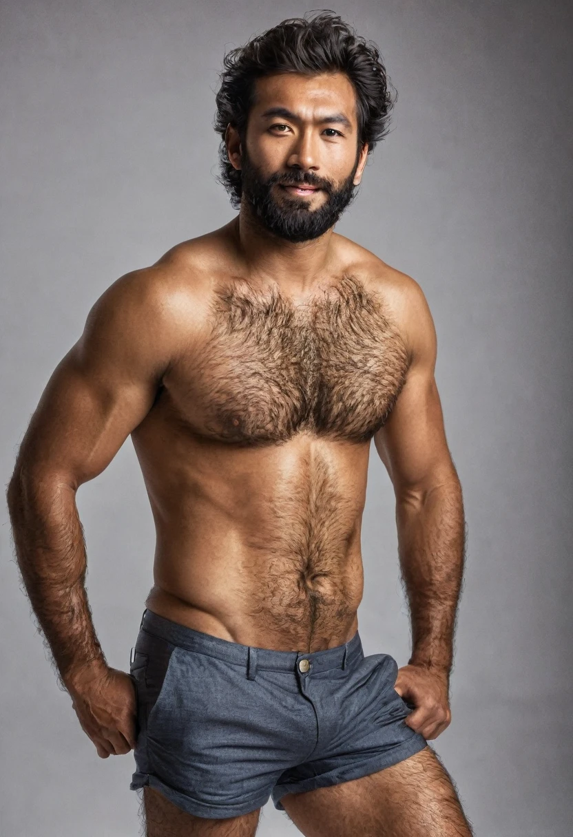 man, 30 years old, very hairy man, tan skin, handsome, no shirt, (hairy chest and legs: 1.0), FUJIFILM, cinematography, 16k, uhd, in a studio, model, sexy man