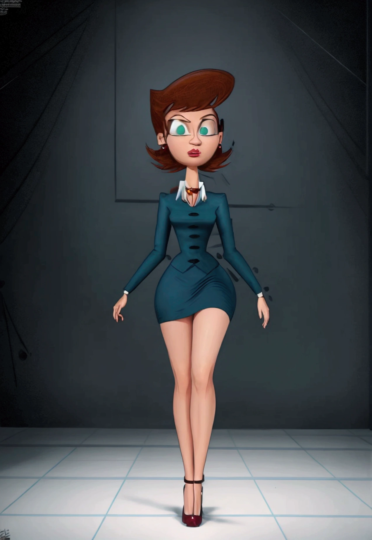 ((masterpiece, best quality)),(complex light), 1woman, full body, solo, Lila test, formal, skirt, green eyes, high heels, cyberrealistic, human, 345% accurate, 345% detailed