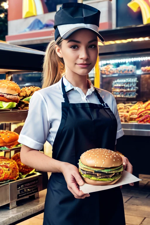 plano general, whole body, ((fast food vendor:1.5 work uniform:1.5))., idyllic, magical scene, beautiful restaurant with diners, (Best Quality, 4k, 8k, high resolution, Masterpiece:1.2), ultra detailed, (realist, photorealist, photo-realist:1.37), warm lighting, vibrant colors, soft focus, Dreamer, cozy, adorable, beautiful, capricious, elegant, charming, sereno, peaceful, innocent, comforter, imaginative