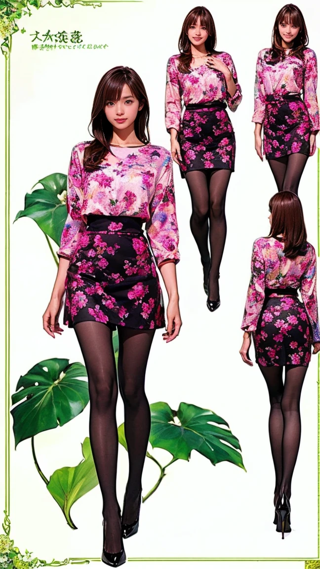 ((masterpiece)),(((Highest quality))),((Character design sheet)),Thin thighs,Long legs,whole body:1.5,(One Girl:1.3),(Black pantyhose and thick pointy heels:1.3),(Wearing a floral and plant print mini skirt dress:1.2),Short Blonde:1.2、Model pose,Floral and botanical background:1.5,