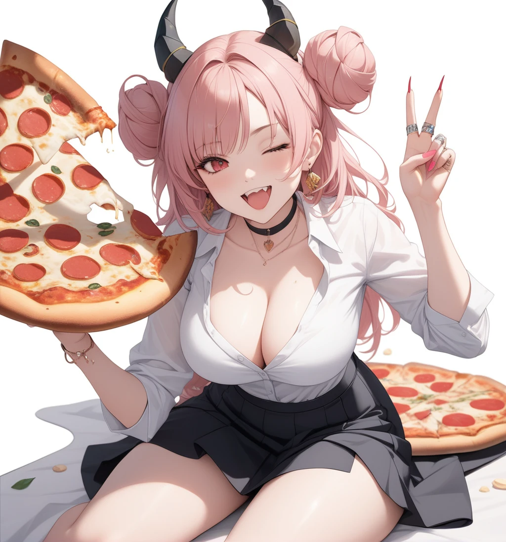 1girl, kirara \(blue archive\), blue archive, black choker, black horns, black skirt, blush, breasts, choker, cleavage, collarbone, collared shirt, cowboy shot, demon horns, double bun, earrings, fang, fingernails, hair bun, horns, jewelry, large breasts, long fingernails, long hair, looking at viewer, nail polish, one eye closed, open mouth, pink hair, pink nails, red eyes, ring, shirt, tight sundress, simple background, short dress, smile, 19 years old, large breasts, triple D cup breasts, round buttocks, bubbly buttocks, wide hips, bubbly ass, v, white background, white shirt, looking at viewer, (masterpiece), (best quality), (ultra-detailed), very aesthetic, illustration, perfect composition, moist skin, intricate details, mysterious, fantasy, eating slice of pizza