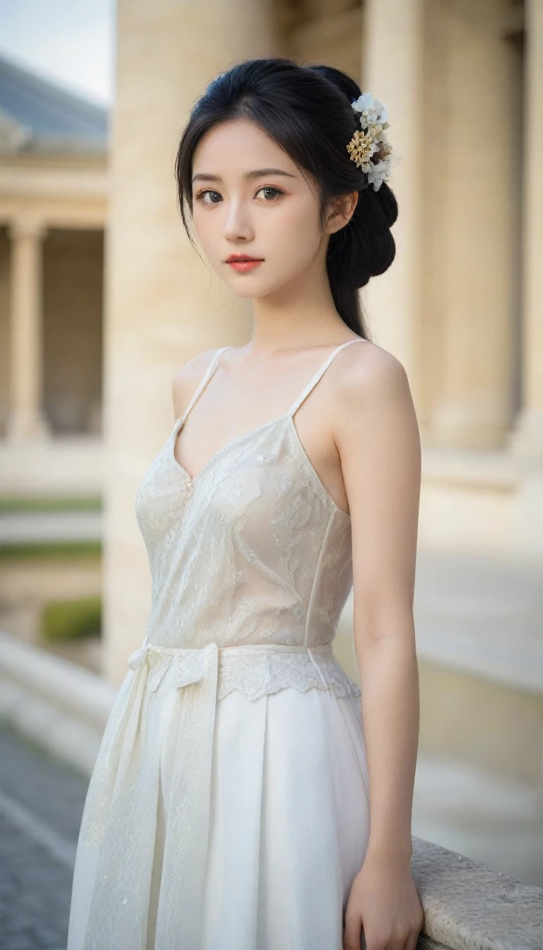 there is a woman in a white dress holding a flower, ao dai, white hanfu, wearing a wedding dress, in style of lam manh, traditional chinese, cheongsam, white gown, a beautiful woman in white, chinese woman, wearing long gown, inspired by Dai Xi, chinese girl, jia, wearing white silk, portrait shot